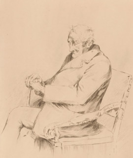 Old man with walking stick in a chair, print, annotation: '1er état', printmaker: Louise Danse