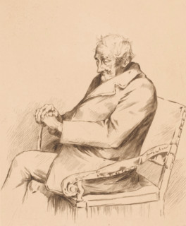 Old man with a walking stick in a chair, print, annotation: '2ème état', printmaker: Louise Danse