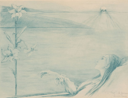 Dying young woman with a lily, print, annotation: '3ième Etat - 2 épreuves', printmaker: Louise