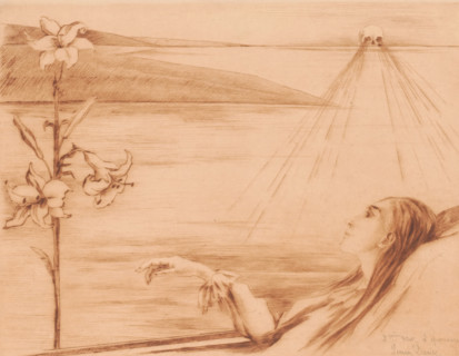 Dying young woman with a lily, print, annotation: '2ième état - 2 épreuves', printmaker: Louise