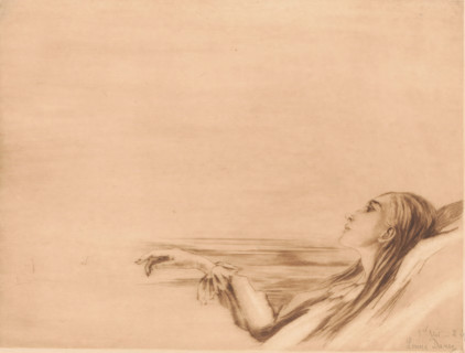 Dying young woman with a lily, print, annotation: '1er Etat - 2 épreuves', printmaker: Louise Danse