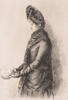 Young woman with a skull in her hands, print, annotation: '2nd state', printmaker: Louise Danse
