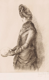 Young woman with a skull in her hands, print, annotation: '1er état', printmaker: Louise Danse