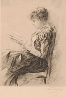 Young woman reading a letter, print, annotation: '2ème', printmaker: Louise Danse (signed by