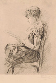 Young woman reading a letter, print, annotation: '1er état', printmaker: Louise Danse (signed by