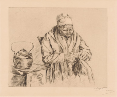 Old woman knitting by the stove, print, annotation: '2ième état', printmaker: Louise Danse (signed