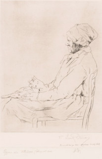 Old woman with a cat on her lap, print, annotation: 'Type de Bièvre (Seine et Oise', annotation: