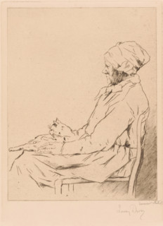 Old woman with a cat on her lap, print, annotation: 'dernier etat', printmaker: Louise Danse
