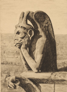 Gargoyle of Notre-Dame in Paris with wings and protruding tongue, print, inscription: '1e etat',