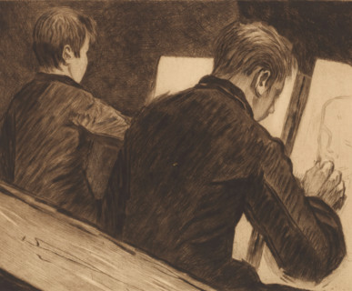 Two students in the drawing school, print, annotation: 'd'après nature 2me etat, tirer a trois