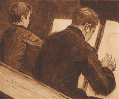 Two pupils in the drawing school, print, annotation: 'épreuve unique 1er etat d'apres nature',
