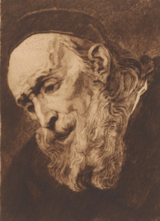 Head of a bearded old man looking down, print, annotation: '2eme etat, epreuve unique', printmaker: