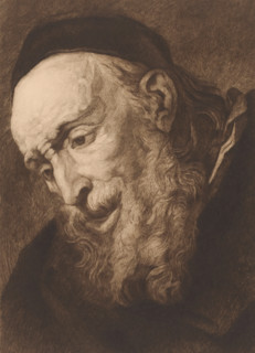 Head of a bearded old man looking down, print, annotation: '3eme etat, trois epreuves', printmaker: