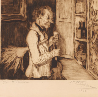 Butler with a feather duster by the drinks cabinet, print, annotation: '1er état, deux epreuves de