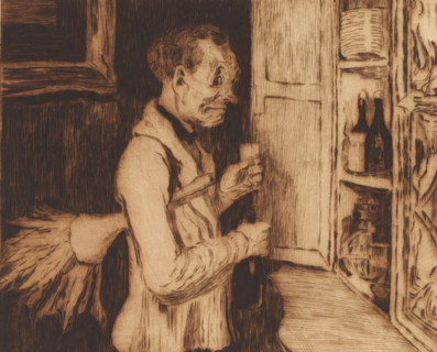 Butler with a feather duster by the drinks cabinet, print, annotation: '2me etat, deux epreuves de