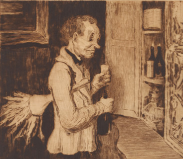 Butler with a feather duster by the drinks cabinet, print, annotation: '3m etat, deux epreuves',