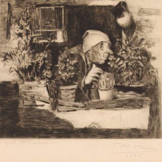Old man with nightcap smells the flowers on his windowsill, print, annotation: '2me etat, deux