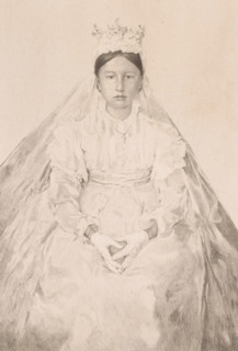 Sitting young woman in bridal dress, print, annotation: '3 epreuves, 2eme état', printmaker: