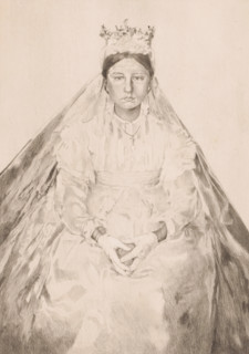 Sitting young woman in bridal attire, print, annotation: '1er état, 3 epreuves', printmaker:
