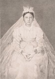 Sitting young woman in bridal attire, print, annotation: '3rd stage', printmaker: Auguste Danse