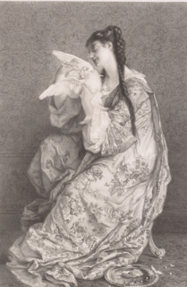 Young woman with a dove, print, annotation: 'Épreuve d'artiste', printmaker: Auguste Danse (signed