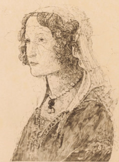 Detail from a fresco by Botticelli, face of a young woman, print, annotation: '1er etat, 3 epreuves