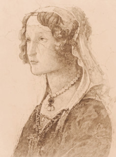 Detail from a fresco by Botticelli, face of a young woman, print, annotation: '3eme etat epreuve