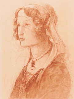 Detail from a fresco by Botticelli, face of a young woman, print, annotation: 'dernier etat',