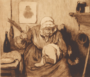 Child spanked by an old woman, print, annotation: '3rd state, two proofs', printmaker: Auguste