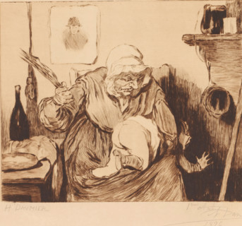 Child spanked by an old woman, print, annotation: '1er etat, deux epreuves', printmaker: Auguste