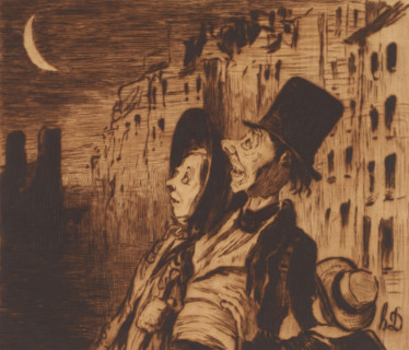 Family looking up at the crescent moon, print, annotation: '3me état, deux epreuves', printmaker: