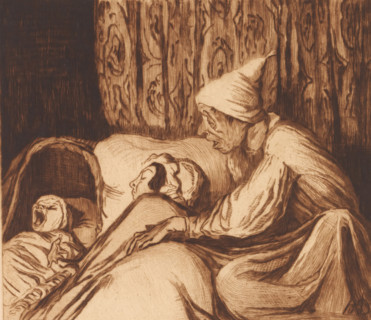 Baby in bed with parents, father cries awake, print, annotation: '2me etat, deux épreuves',