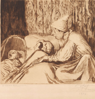Baby in bed with parents, father cries awake, print, annotation: '1er etat, deux epreuves',