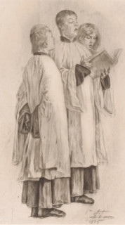 Study of three singing altar boys, print, Detail of the left side of the painting The Madness of