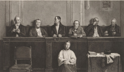 Churchgoers and an altar boy in the church, print, annotation: 'Dernier etat', printmaker: Auguste