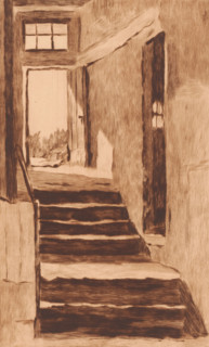Interior with stairs to the outside door, print, annotation: '1re état Epreuve unique', printmaker: