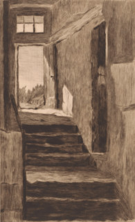 Interior with stairs to the outside door, print, annotation: '3eme etat, deux épreuves de c'est