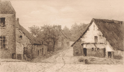 Village view with thatched buildings, print, annotation: '3eme état, deux epreuves', printmaker: