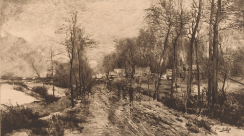 Nocturnal snow landscape with shadowy figures on the path, print, printmaker: Auguste Danse, after