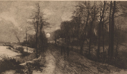 Nocturnal winter landscape with shadowy figures on the path, print, printmaker: Auguste Danse
