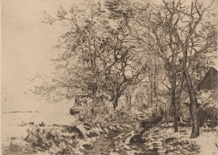 Snowy landscape with a barn at the edge of the forest, print, annotation: '1er etat', printmaker: