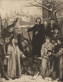 Group of men listening to Jacob van Artevelde, print, inscription: 'J van artevelde J Dieudonne