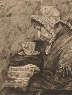 Old woman reading from a book and a teacup stands on the table, print, inscription: '1e Etat',