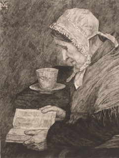 Old woman reading from a book and a teacup stands on the table, print, inscription: '3 ieme Etat',
