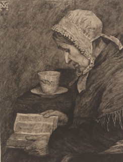 Old woman reading from a book and on the table there is a tea cup, print, inscription: '4 ieme
