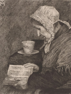 Old woman reading from a book and a teacup stands on the table, print, printmaker: Joseph Dujardin,