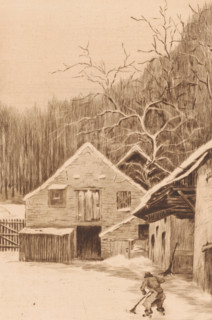 View of a farmhouse near Uccle, print, A figure sweeps the yard., inscription: '2 etat, à Uccle au