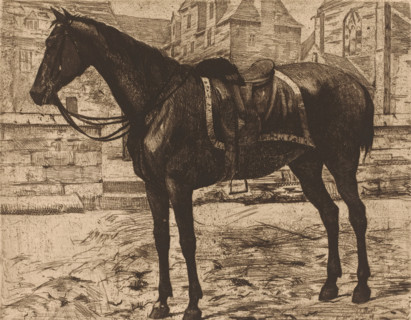 Saddled horse with buildings in the background, print, printmaker: Josué Dupon, after design by