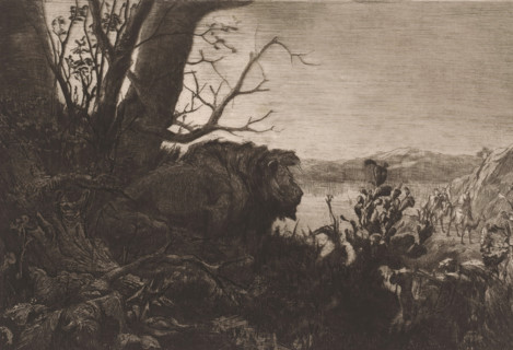 Lurking lion, print, Landscape with a lion leering at a passing caravan., mark: 'Antwerpsche Etsers