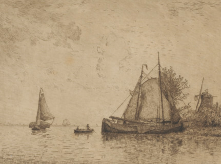 View of the Meuse, print, View of the Meuse with two sailboats and a rowboat in the foreground. A